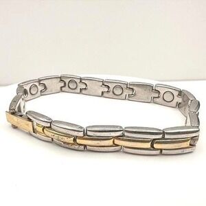 Vintage 80s Magnetic Therapy Bracelet Silver & Gold Tone Link Statement Mens Y2K